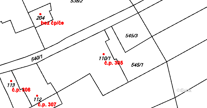 Vrcha 305, Sobětuchy na parcele st. 110/1 v KÚ Sobětuchy, Katastrální mapa