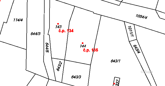 Kočí 135 na parcele st. 144 v KÚ Kočí, Katastrální mapa