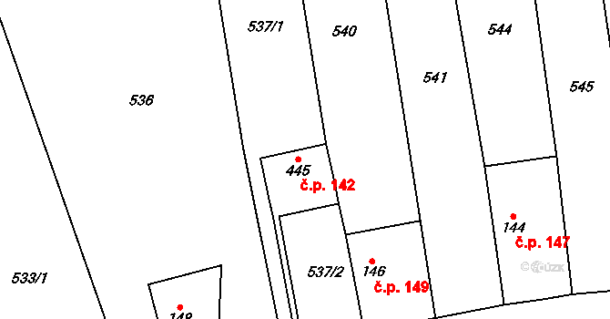 Teplice nad Metují 142 na parcele st. 445 v KÚ Teplice nad Metují, Katastrální mapa