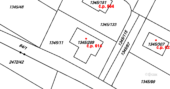 Pokratice 614, Litoměřice na parcele st. 1345/289 v KÚ Pokratice, Katastrální mapa