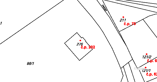 Mouřínov 202 na parcele st. 276 v KÚ Mouřínov, Katastrální mapa