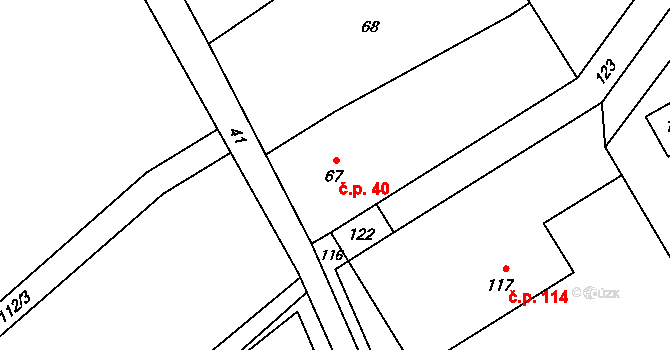 Olbramice 40 na parcele st. 67 v KÚ Olbramice, Katastrální mapa