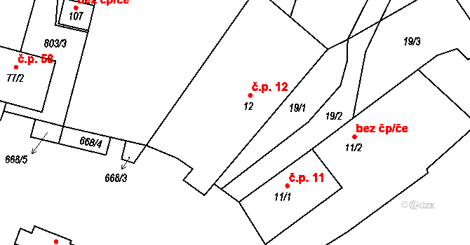 Hrabice 12, Vimperk na parcele st. 12 v KÚ Hrabice, Katastrální mapa