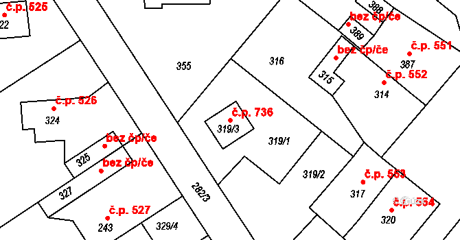 Vinařice 736 na parcele st. 319/3 v KÚ Vinařice u Kladna, Katastrální mapa