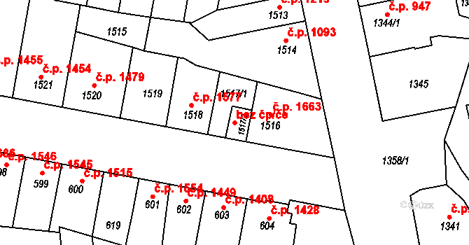 Brno 90448839 na parcele st. 1517/2 v KÚ Líšeň, Katastrální mapa