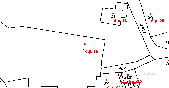 Úhořilka 15 na parcele st. 1 v KÚ Úhořilka, Katastrální mapa