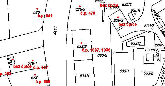 Chotěboř 1036,1037 na parcele st. 633/3 v KÚ Chotěboř, Katastrální mapa