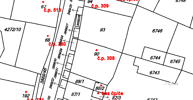 Míšovice 308, Hostěradice na parcele st. 90 v KÚ Míšovice, Katastrální mapa