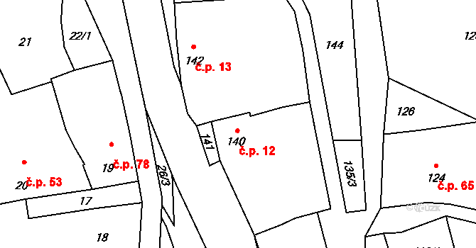 Černotín 12 na parcele st. 140 v KÚ Černotín, Katastrální mapa
