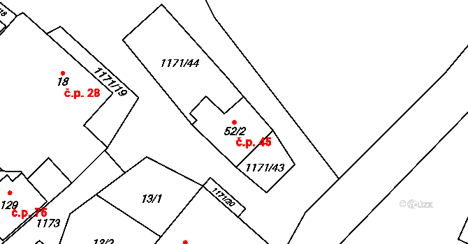 Kamenná 45 na parcele st. 52/2 v KÚ Kamenná u Jihlavy, Katastrální mapa