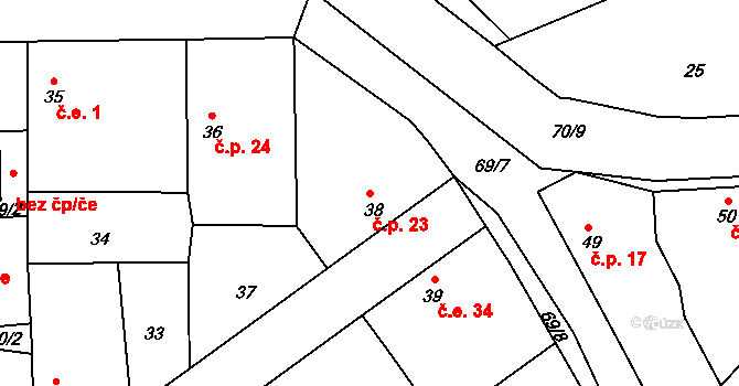 Žhery 23, Klučov na parcele st. 38 v KÚ Žhery, Katastrální mapa