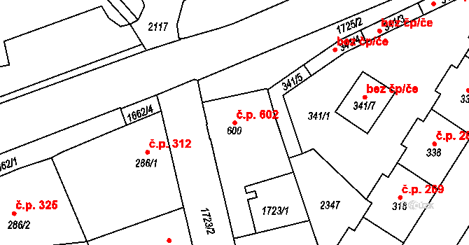 Úpice 602 na parcele st. 600 v KÚ Úpice, Katastrální mapa