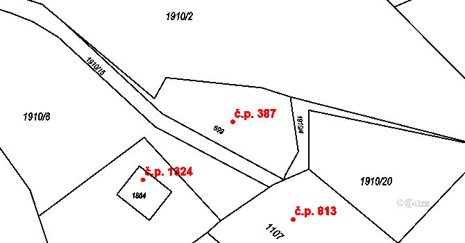 Rožnov pod Radhoštěm 387 na parcele st. 699 v KÚ Rožnov pod Radhoštěm, Katastrální mapa