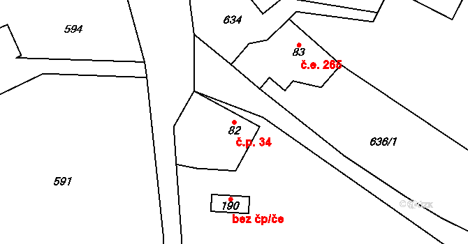 Dubiny 34, Velké Popovice na parcele st. 82 v KÚ Lojovice, Katastrální mapa