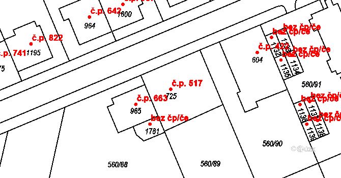 Podklášteří 517, Třebíč na parcele st. 725 v KÚ Podklášteří, Katastrální mapa