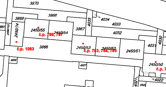 Komín 783,784,785, Brno na parcele st. 2450/51 v KÚ Komín, Katastrální mapa
