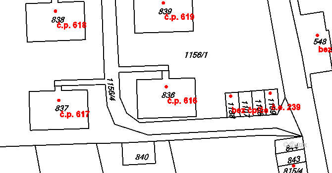 Benešov nad Ploučnicí 616 na parcele st. 836 v KÚ Benešov nad Ploučnicí, Katastrální mapa