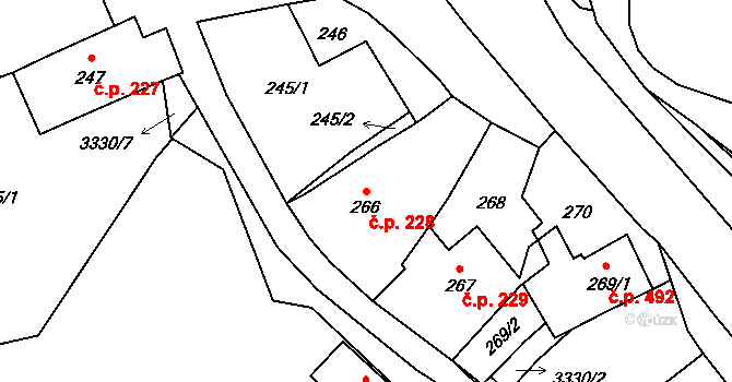 Pelhřimov 228 na parcele st. 266 v KÚ Pelhřimov, Katastrální mapa