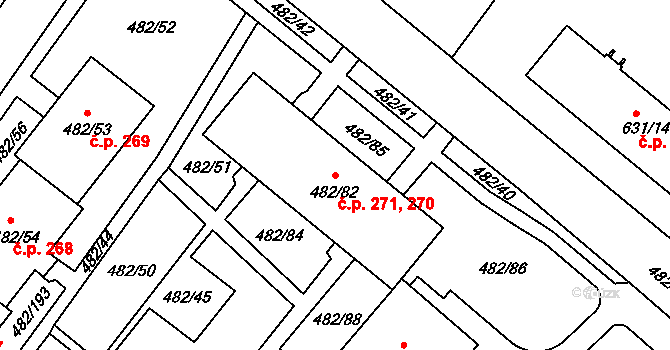 Frýdek 270,271, Frýdek-Místek na parcele st. 482/82 v KÚ Frýdek, Katastrální mapa