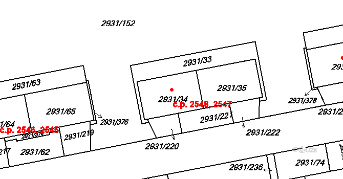 Žižkov 2547,2548, Praha na parcele st. 2931/34 v KÚ Žižkov, Katastrální mapa