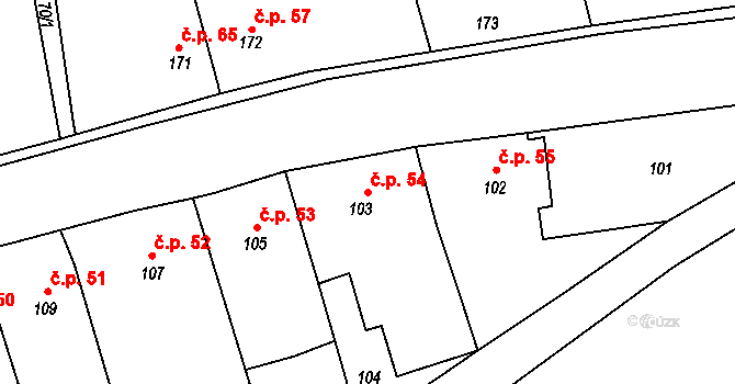 Číčenice 54 na parcele st. 103 v KÚ Číčenice, Katastrální mapa