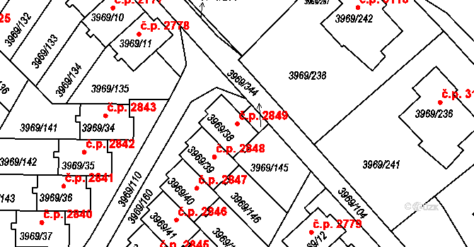 Česká Lípa 2849 na parcele st. 3969/38 v KÚ Česká Lípa, Katastrální mapa
