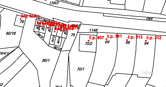 Blučina 607 na parcele st. 70/2 v KÚ Blučina, Katastrální mapa