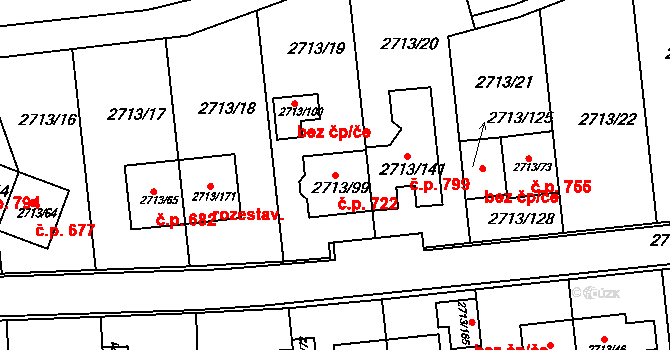 Žebětín 722, Brno na parcele st. 2713/99 v KÚ Žebětín, Katastrální mapa