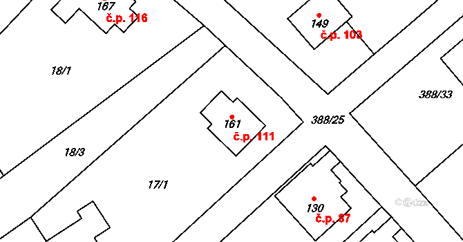 Horní Stakory 111, Kosmonosy na parcele st. 161 v KÚ Horní Stakory, Katastrální mapa