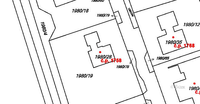 Jirkov 1758 na parcele st. 1980/28 v KÚ Jirkov, Katastrální mapa