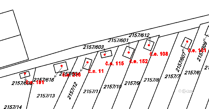 Lužice 115 na parcele st. 2157/603 v KÚ Lužice u Hodonína, Katastrální mapa