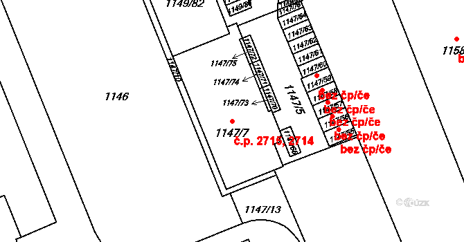 Východní Předměstí 2714,2715, Plzeň na parcele st. 1147/7 v KÚ Hradiště u Plzně, Katastrální mapa