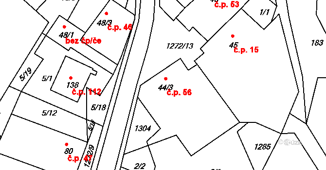Bohdalec 56 na parcele st. 44/3 v KÚ Bohdalec, Katastrální mapa