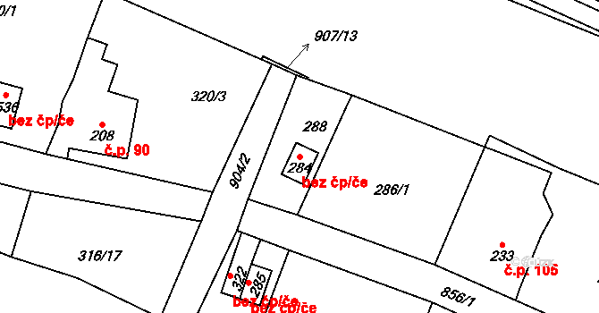Děčín 40669840 na parcele st. 284 v KÚ Březiny u Děčína, Katastrální mapa