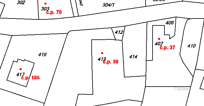 Těškovice 39 na parcele st. 413 v KÚ Těškovice, Katastrální mapa