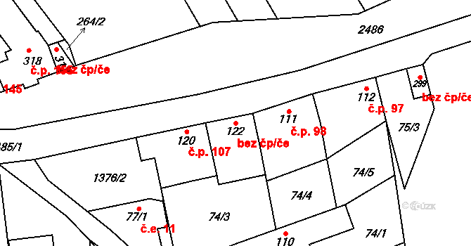 Koryčany 49557840 na parcele st. 122 v KÚ Jestřabice, Katastrální mapa