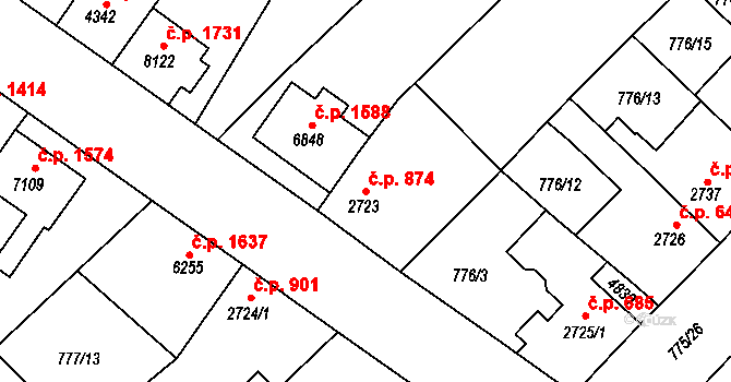 Bílé Předměstí 874, Pardubice na parcele st. 2723 v KÚ Pardubice, Katastrální mapa