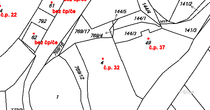 Čelákovy 32, Zemětice na parcele st. 4 v KÚ Čelákovy, Katastrální mapa