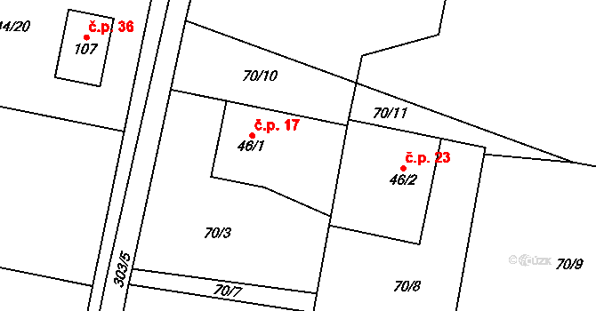 Hřibiny 17, Hřibiny-Ledská na parcele st. 46/1 v KÚ Hřibiny, Katastrální mapa