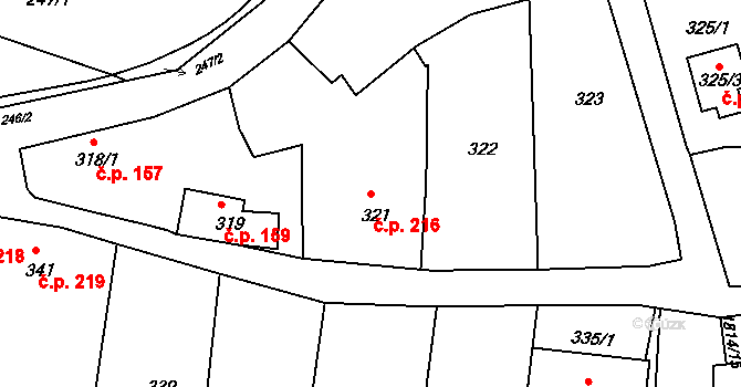 Přítluky 216 na parcele st. 321 v KÚ Přítluky, Katastrální mapa