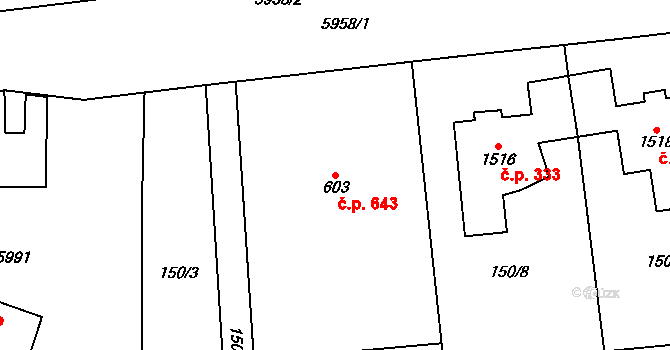 Hrušovany nad Jevišovkou 643 na parcele st. 603 v KÚ Hrušovany nad Jevišovkou, Katastrální mapa