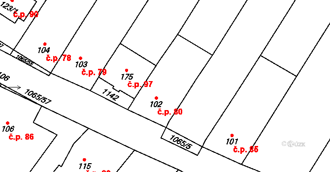 Tulešice 80 na parcele st. 102 v KÚ Tulešice, Katastrální mapa