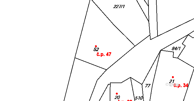 Miletín 47, Onomyšl na parcele st. 52 v KÚ Miletín u Onomyšle, Katastrální mapa