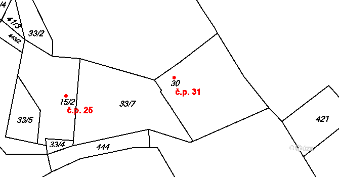 Popovice 31, Teplá na parcele st. 30 v KÚ Popovice u Poutnova, Katastrální mapa