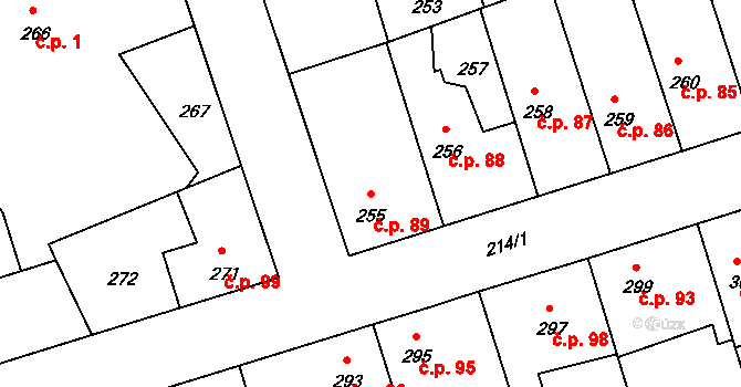 Drahelice 89, Nymburk na parcele st. 255 v KÚ Drahelice, Katastrální mapa