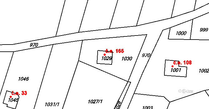 Veverská Bítýška 165 na parcele st. 1029 v KÚ Veverská Bítýška, Katastrální mapa