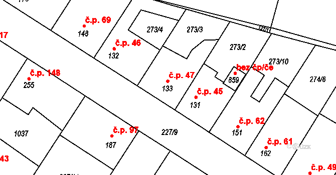 Humny 47, Pchery na parcele st. 133 v KÚ Pchery, Katastrální mapa