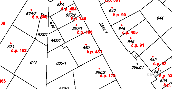 Vyškov-Předměstí 481, Vyškov na parcele st. 659 v KÚ Vyškov, Katastrální mapa