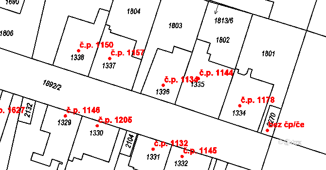 Brandýs nad Labem 1134, Brandýs nad Labem-Stará Boleslav na parcele st. 1336 v KÚ Brandýs nad Labem, Katastrální mapa