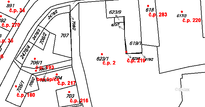 Třeboň II 2, Třeboň na parcele st. 623/1 v KÚ Třeboň, Katastrální mapa